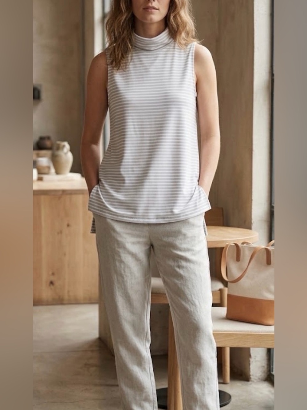 Garnet Hill Sleeveless Striped Turtleneck Tank - White & Light Gray boho lagen